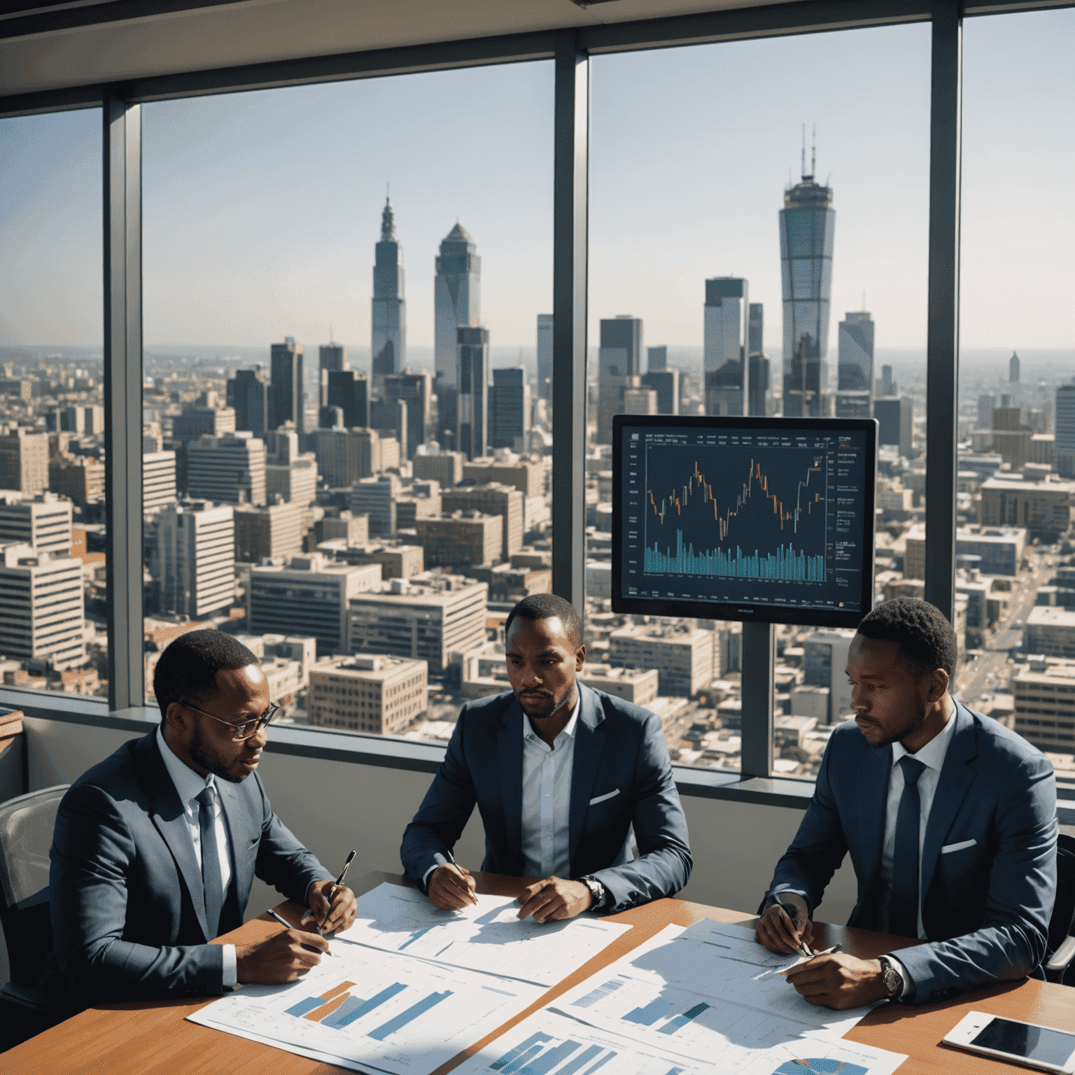 A diverse group of South African investors analyzing financial charts and graphs, with the Johannesburg skyline visible through a large window