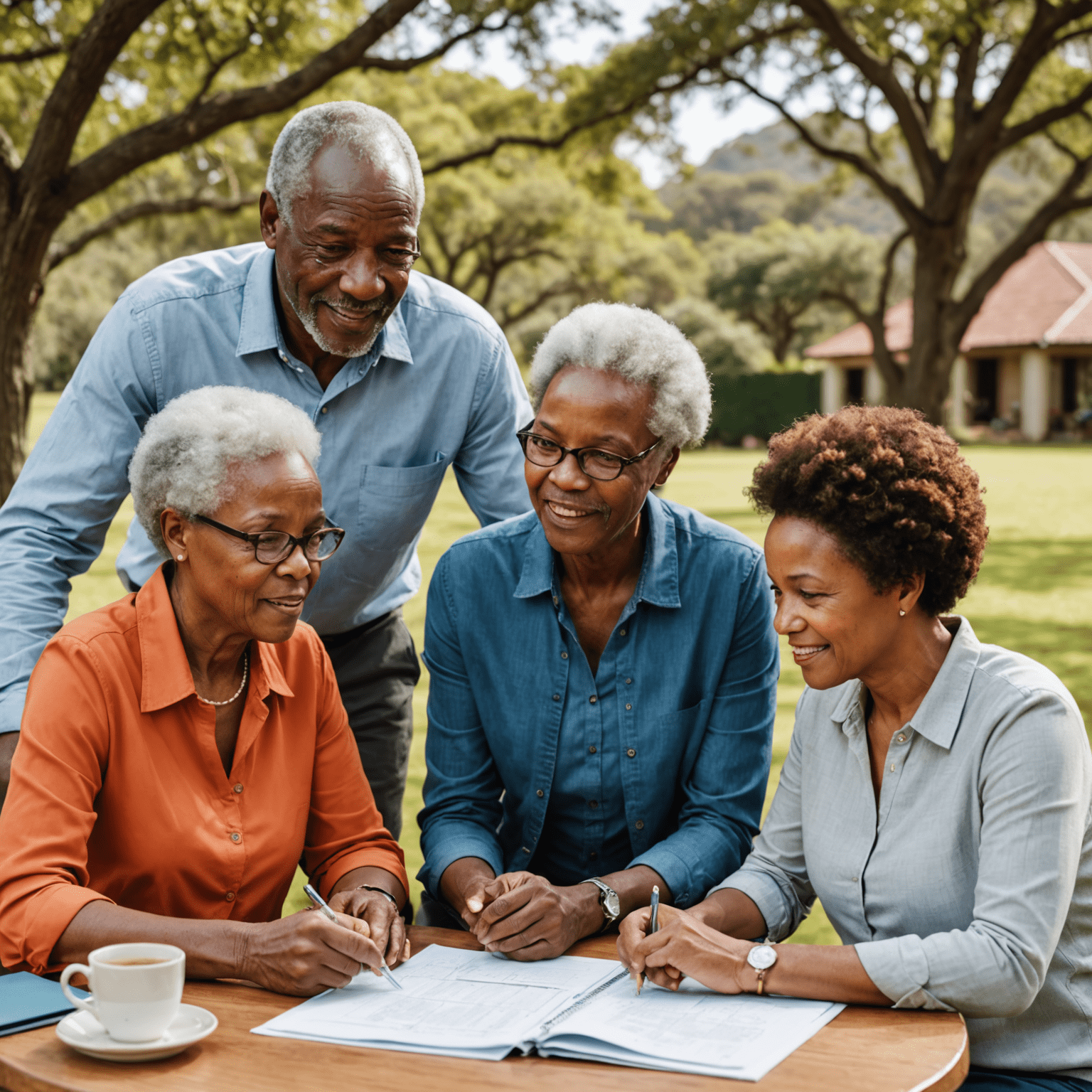 South African family discussing retirement plans with a financial advisor, showcasing diverse generations planning for their future