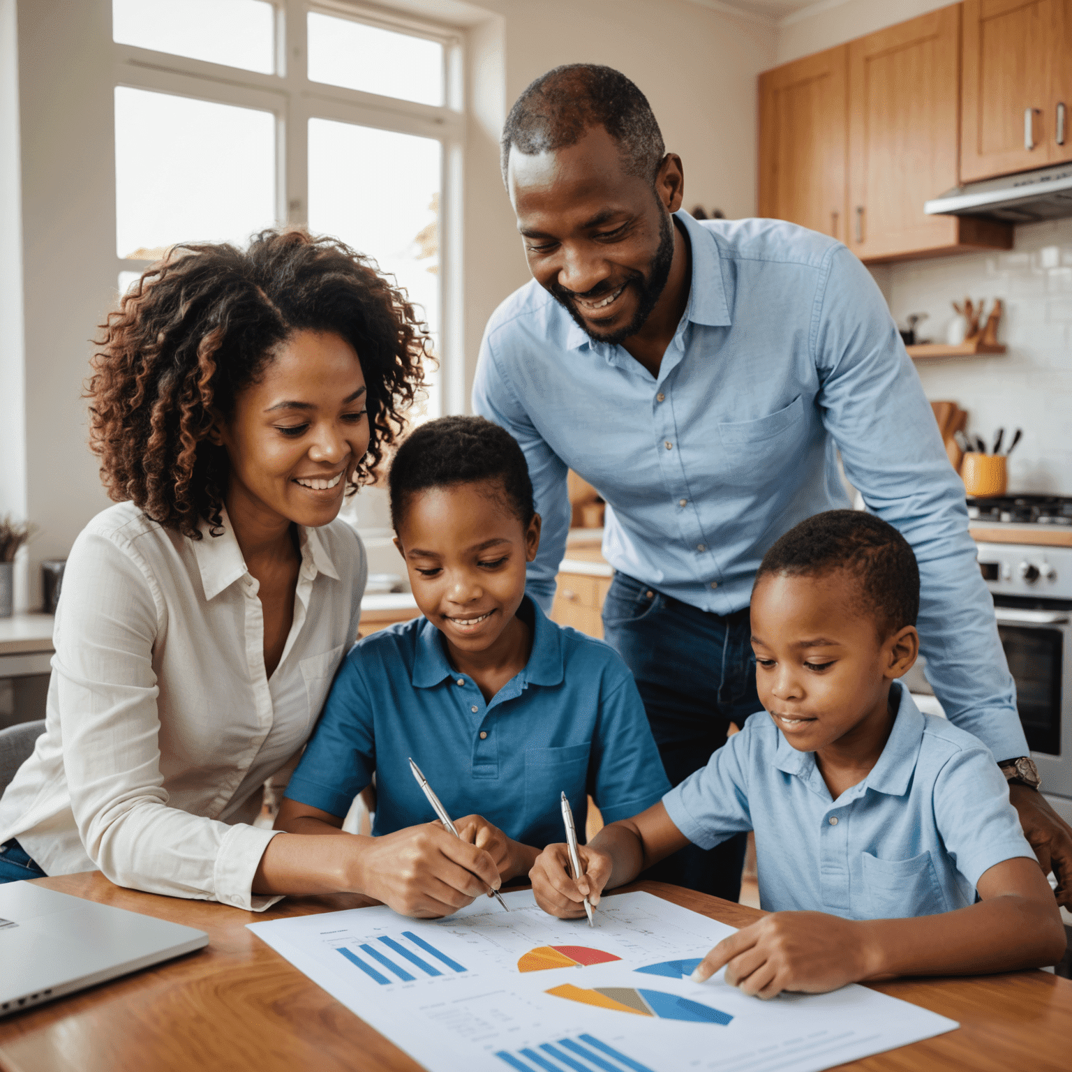 Diverse South African family reviewing investment options together, with a financial advisor pointing to a chart showing growth potential
