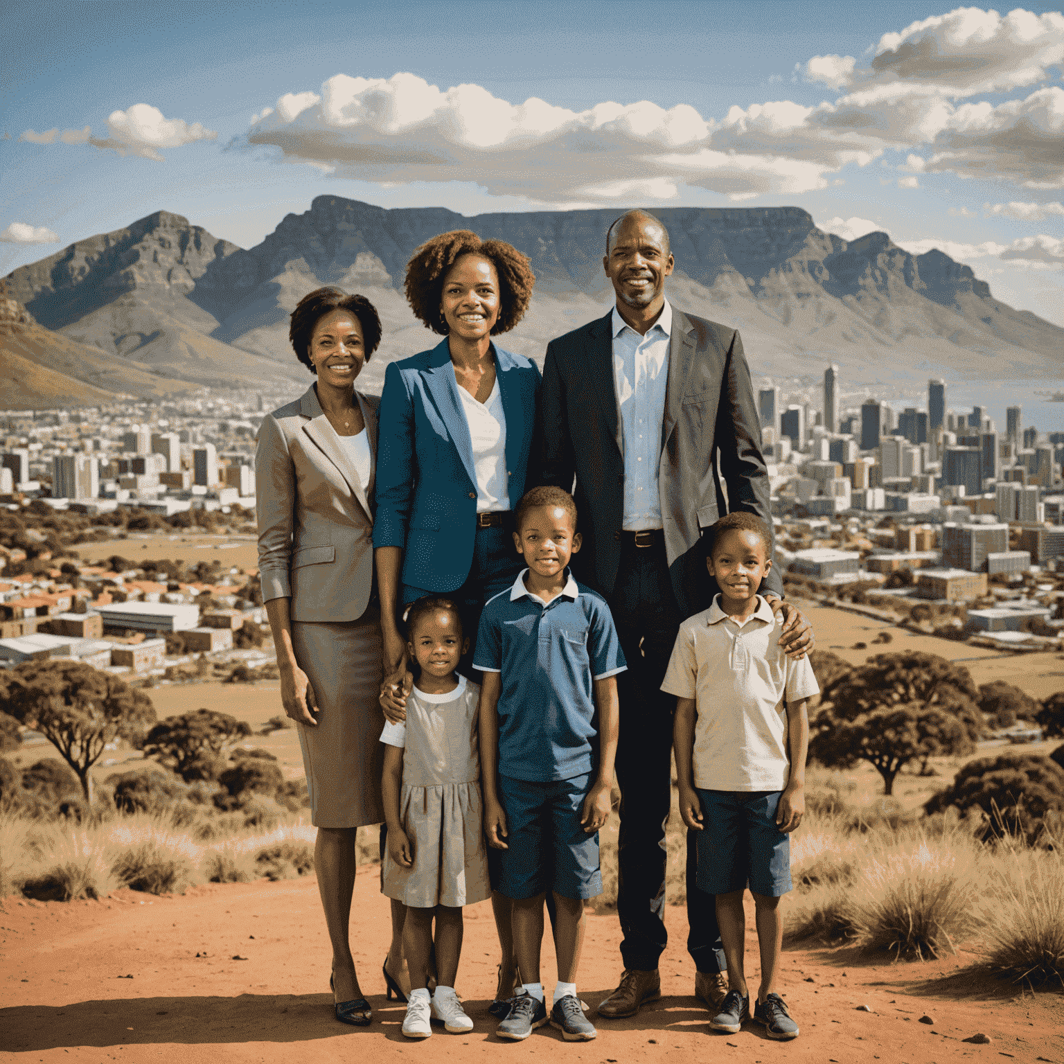 A diverse South African family looking confidently towards the future, standing in front of a backdrop that symbolizes financial growth and stability. The image includes elements of both urban and natural South African landscapes, representing the broad reach of our services.