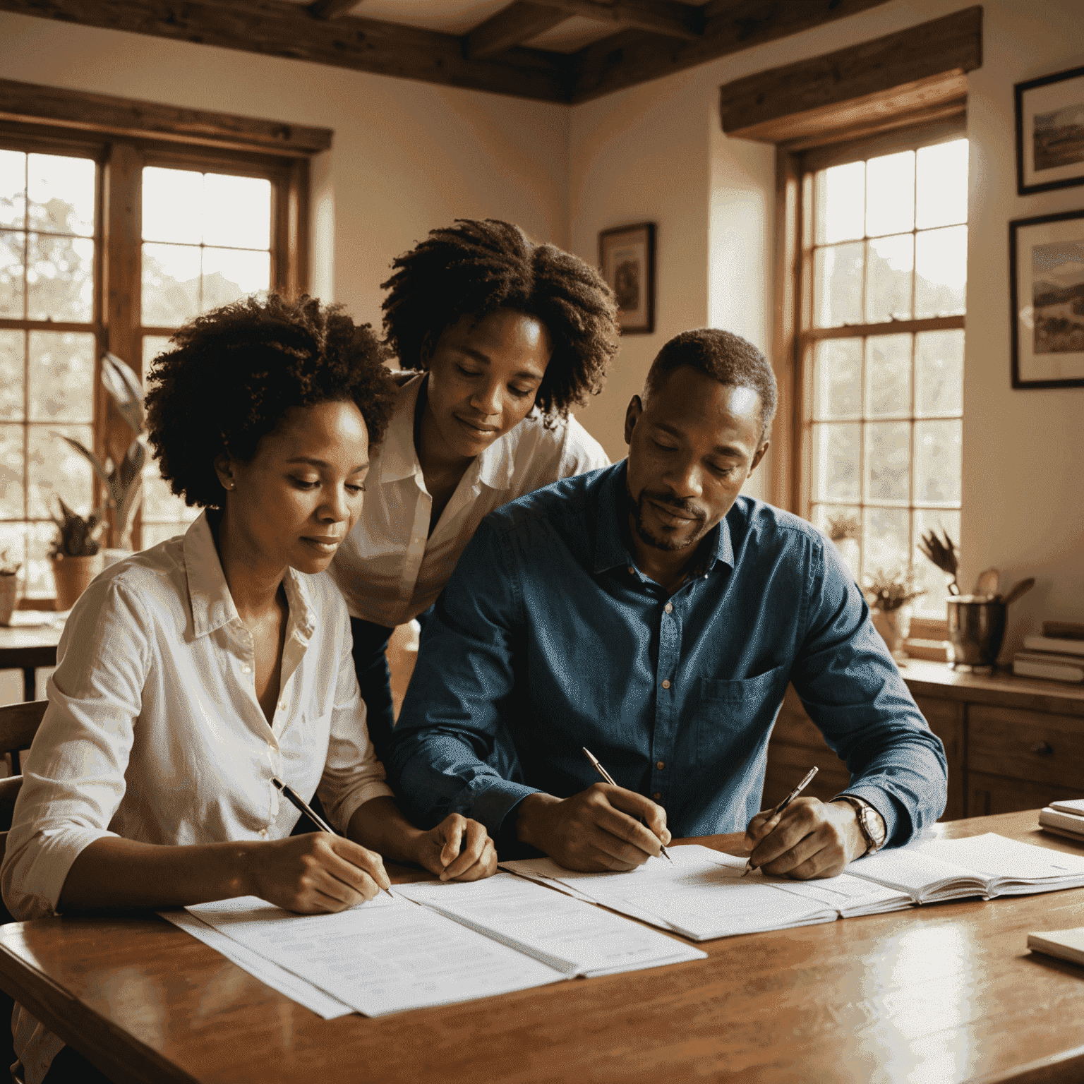 A diverse South African family sitting together at a table, reviewing financial documents with a professional advisor. The scene is warm and inviting, with natural light streaming through a nearby window.