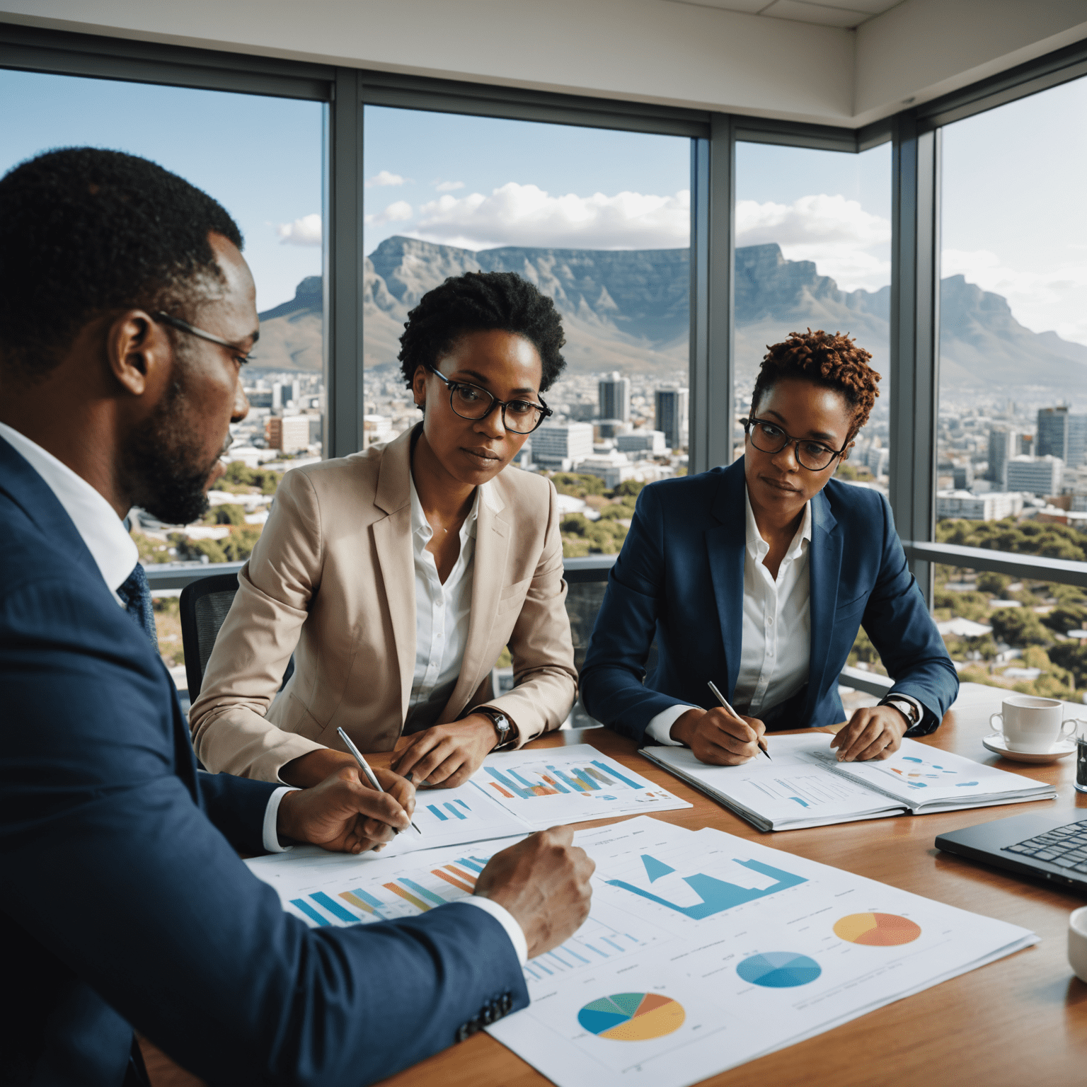 A diverse group of South African professionals analyzing investment charts and graphs, showcasing collaboration and strategic planning in a modern office setting with Table Mountain visible through a large window