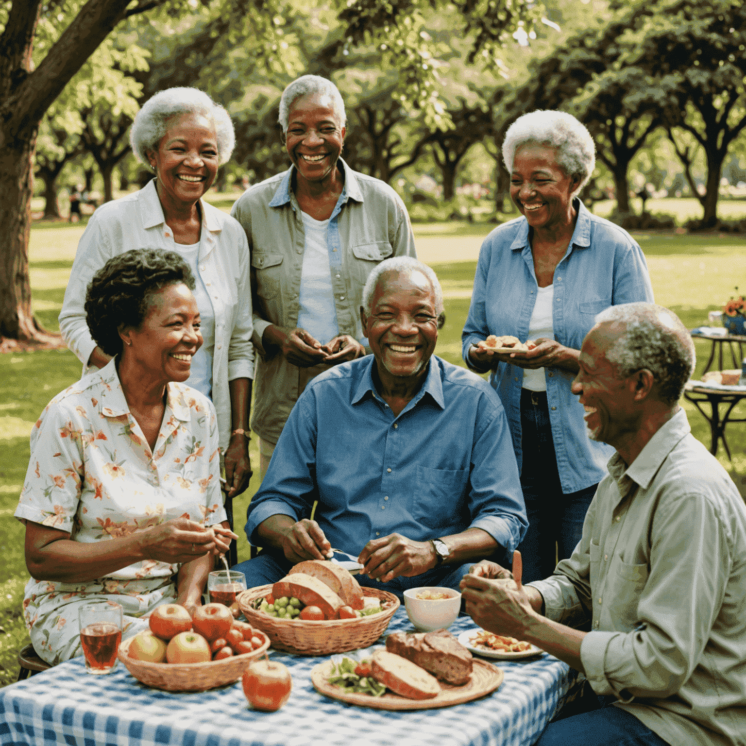 Diverse group of smiling South African retirees enjoying a picnic in a lush garden, symbolizing a comfortable and secure retirement