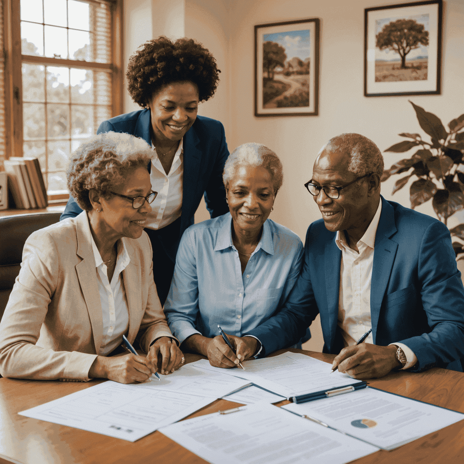 A diverse South African family discussing estate planning with a professional advisor. The image shows three generations sitting together in a warm, welcoming office setting with financial documents and a family tree diagram visible.