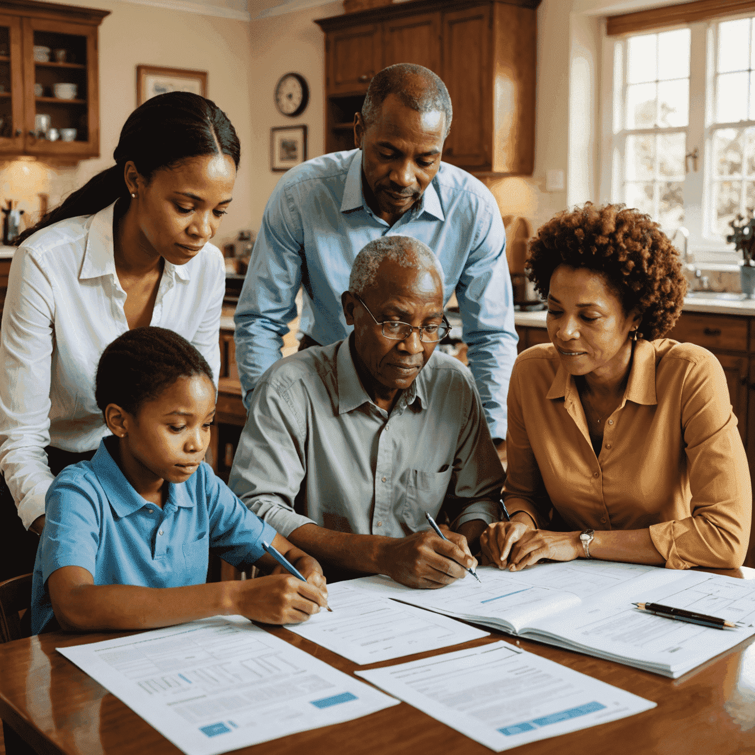 A diverse South African family sitting at a table, reviewing financial documents with a professional advisor. The scene conveys a sense of careful planning and collaboration.