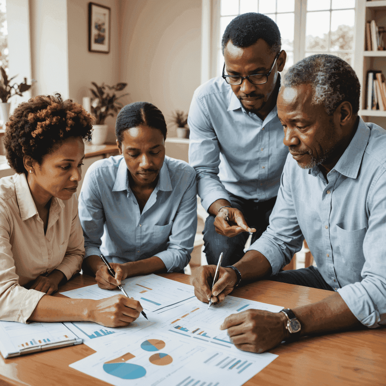 A South African family sitting at a table, reviewing financial documents with a professional advisor. The image showcases diverse family members engaged in discussion, with charts and graphs visible.