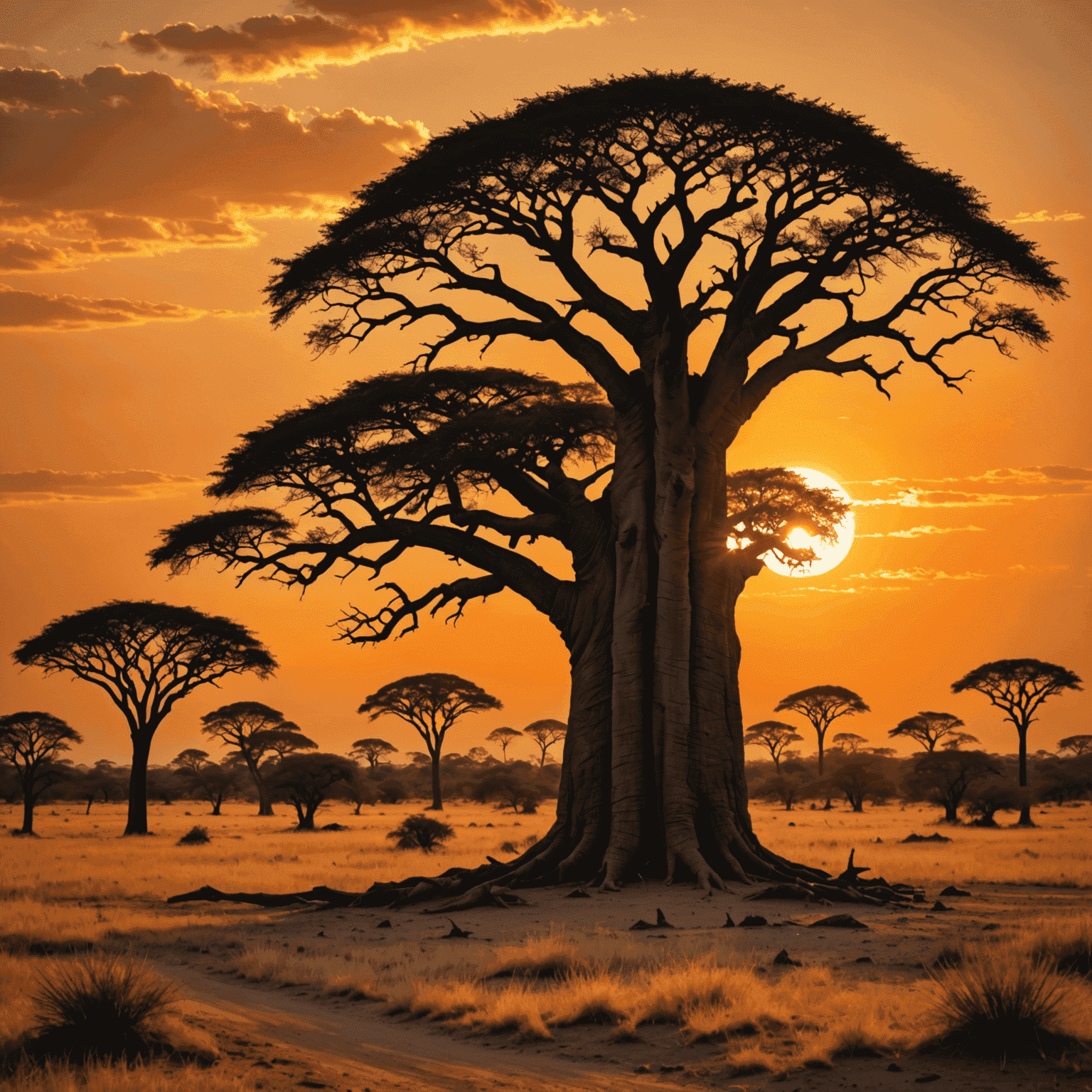 A serene landscape of a South African savanna at sunset, with a majestic Baobab tree silhouetted against the orange sky. The image symbolizes growth, longevity, and the deep roots of financial stability.