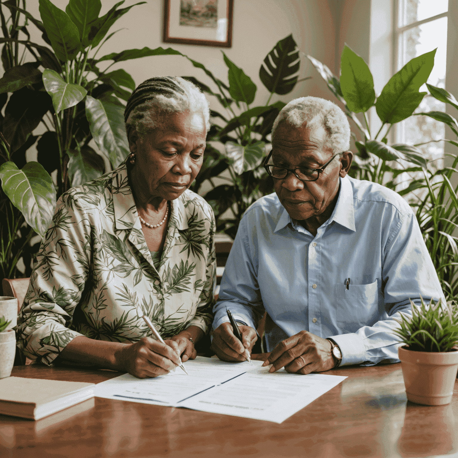Senior South African couple reviewing financial documents with a GeneraWealth SA advisor, surrounded by indigenous plants symbolizing growth and prosperity