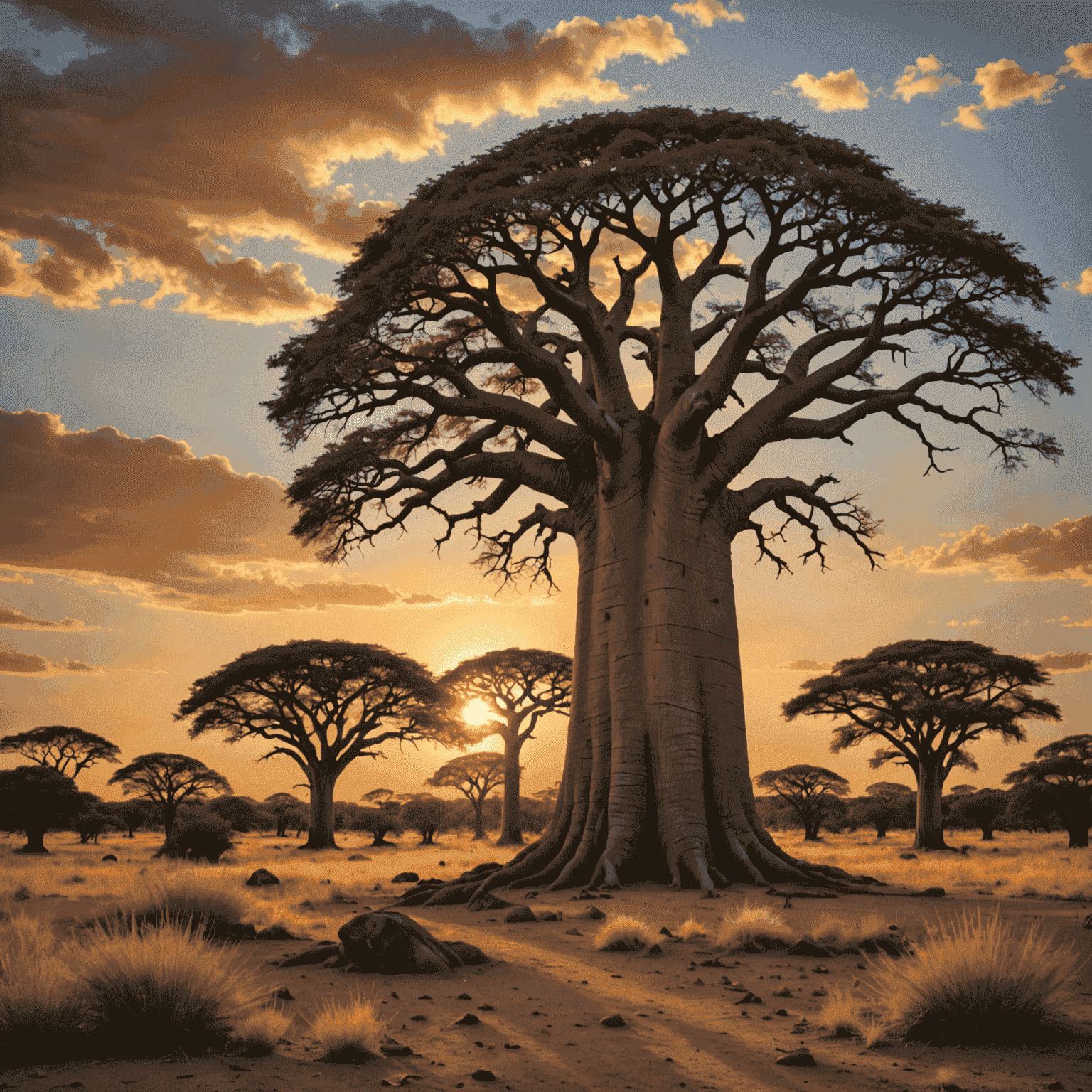A serene South African landscape featuring a majestic Baobab tree at sunset, symbolizing growth, longevity, and the transfer of generational wealth.