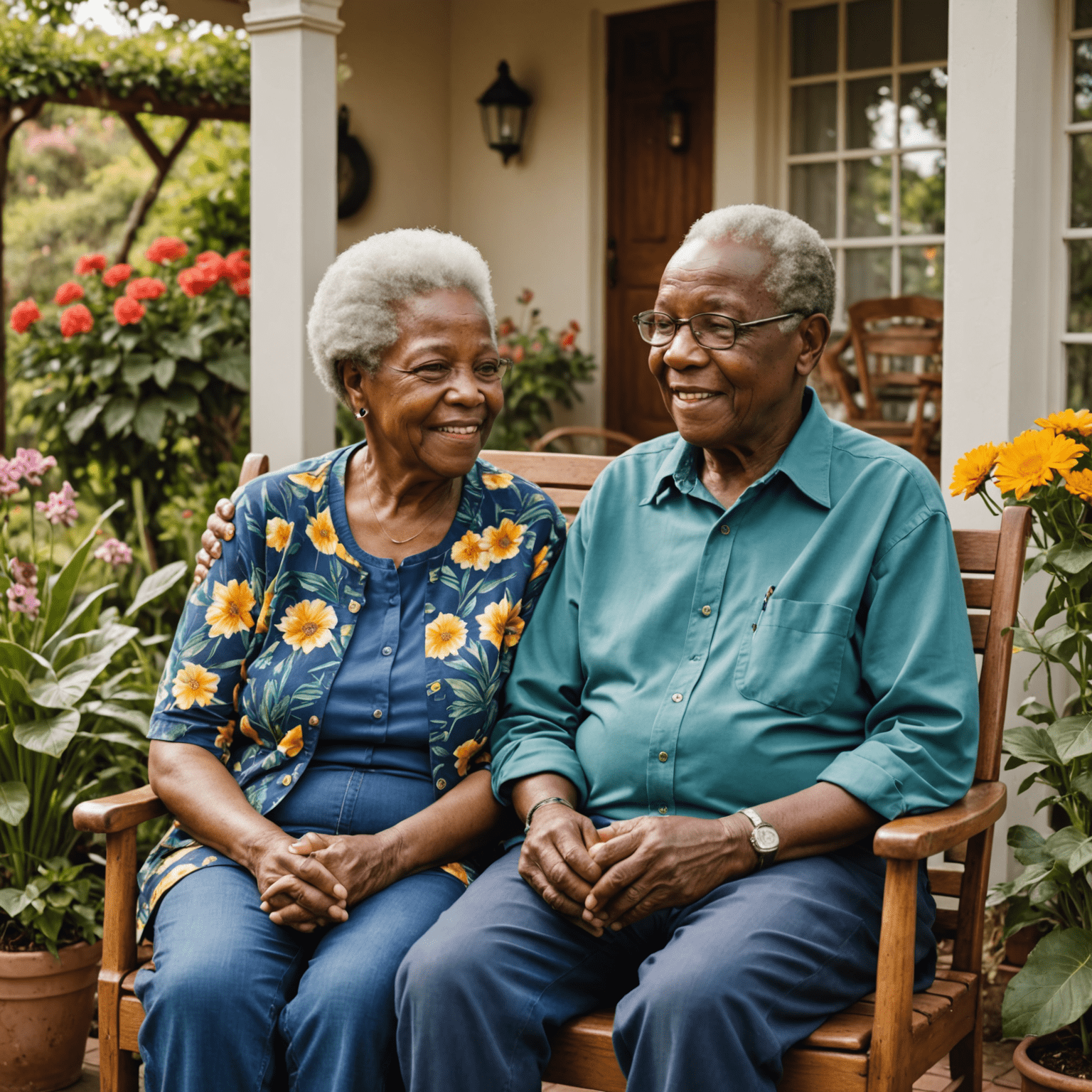 Senior South African couple enjoying retirement, sitting on a porch overlooking a beautiful garden, symbolizing financial security in later years