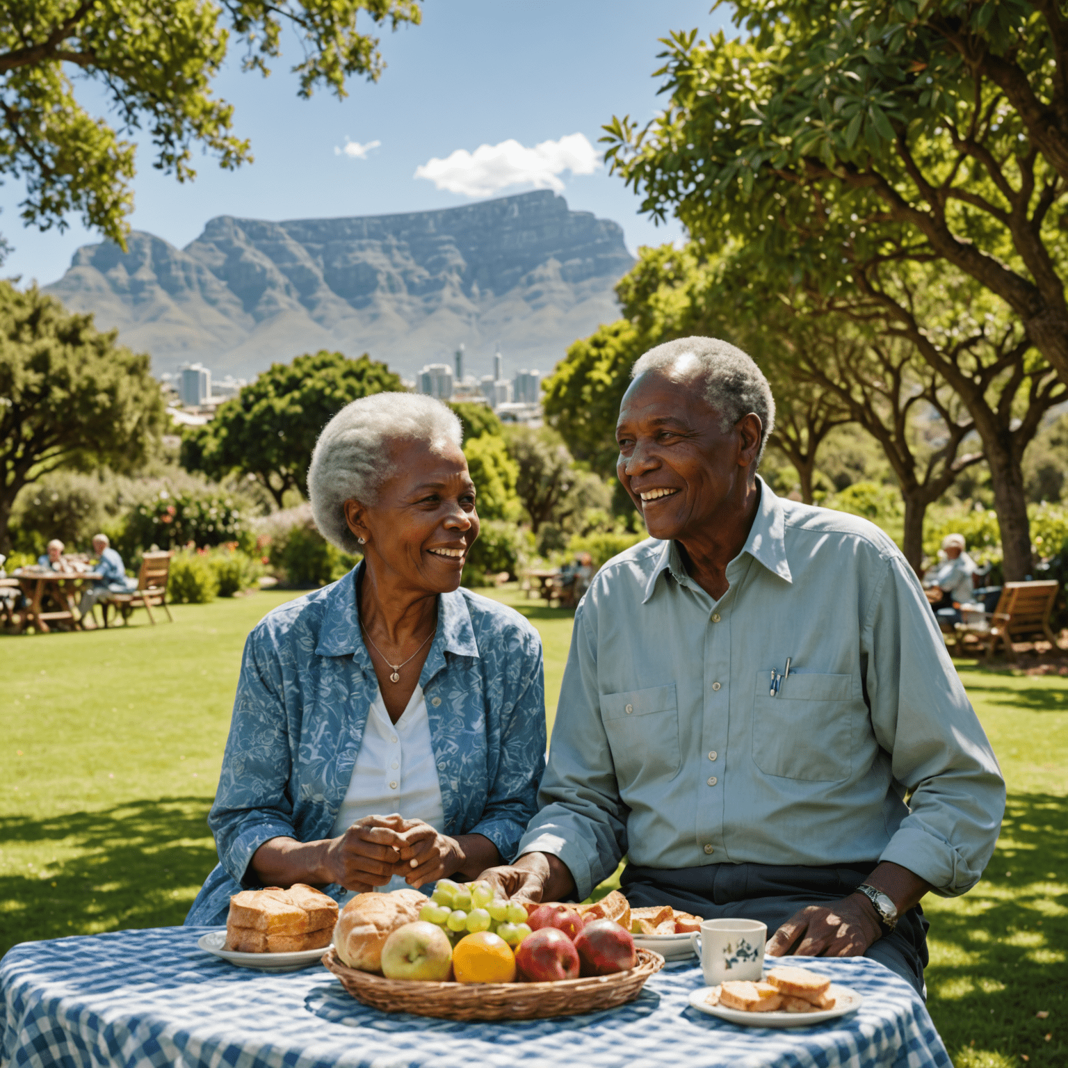 A serene scene of a retired South African couple enjoying a picnic in a beautiful garden, with Table Mountain visible in the background. The image conveys peace, security, and enjoyment in retirement.