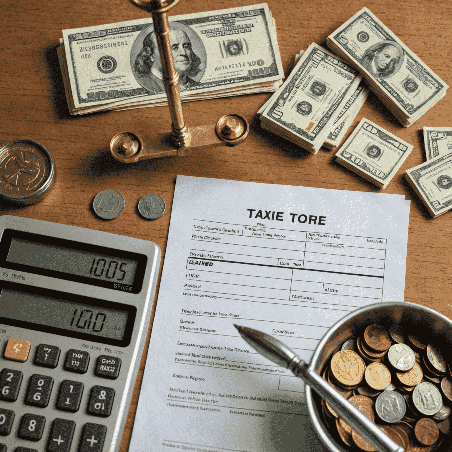 A conceptual image showing a balance scale with money on one side and tax forms on the other, symbolizing tax optimization. South African currency and tax documents are featured prominently.